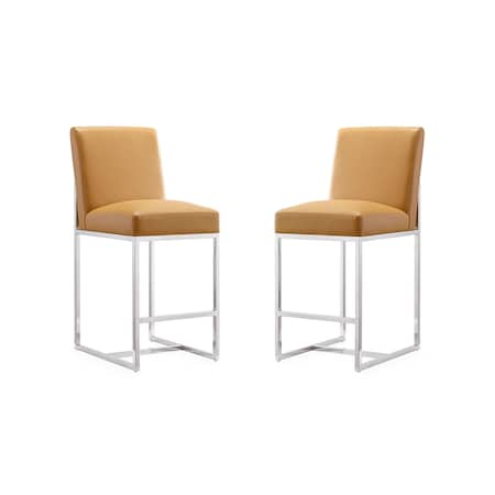 Manhattan Comfort Element 24" Faux Leather Counter Stool in Camel and Polished Chrome (Set of 2) 2-CS003-CL